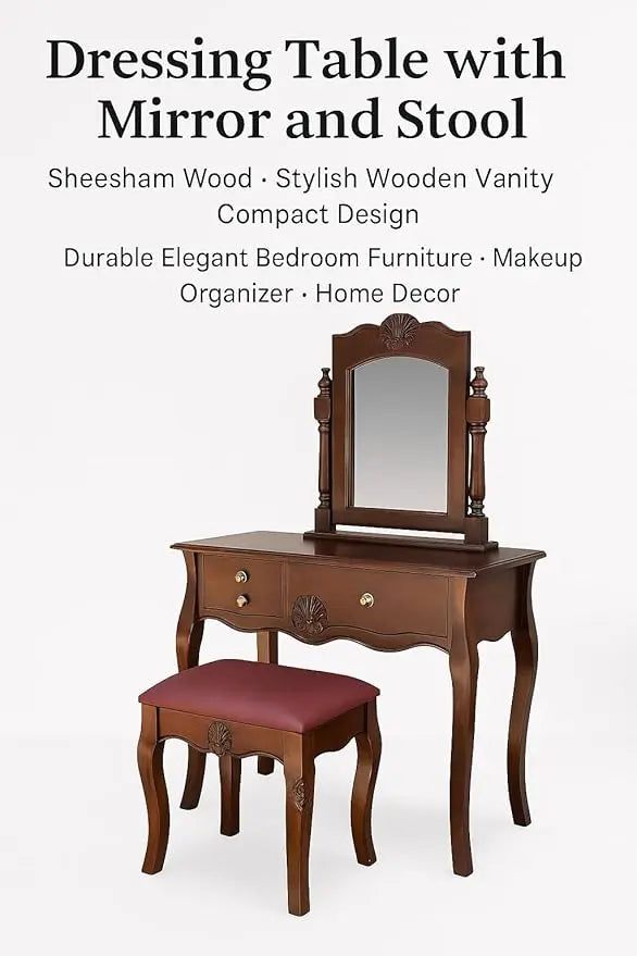 Dressing Table with Mirror and Stool | Sheesham Wood Stylish Wooden Vanity | Compact Design Durable Elegant Bedroom Furniture Makeup Organizer Home Decor (Brown) 