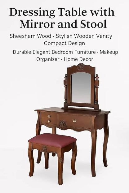 Dressing Table with Mirror and Stool | Sheesham Wood Stylish Wooden Vanity | Compact Design Durable Elegant Bedroom Furniture Makeup Organizer Home Decor (Brown) 