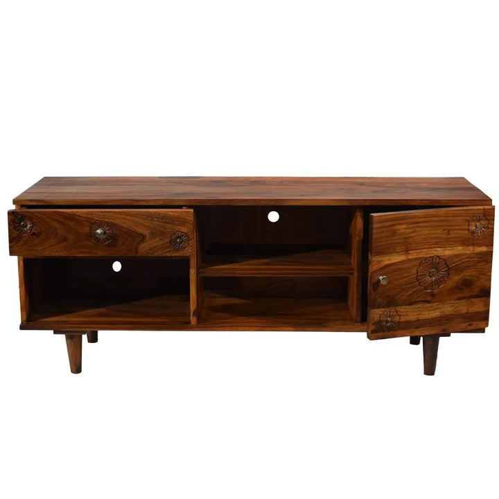 Translation missing: en.APRODZ Flower Inspired TV Unit with Drawers &amp; Shelf Storage Entertainment Unit Center Console TV Table for Living Room Furniture (Natural Teak Finish)