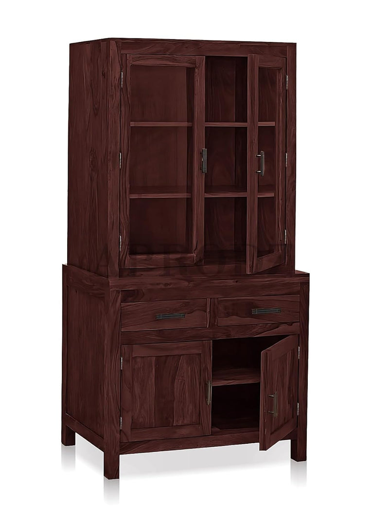 Glass Door Cabinet | 2 Drawers 3 Shelves Sheesham Wood Storage Organizer | Durable Stylish Wooden Furniture | Elegant Design Home Decor Compact Multifunctional | Compact multifunctional furniture 