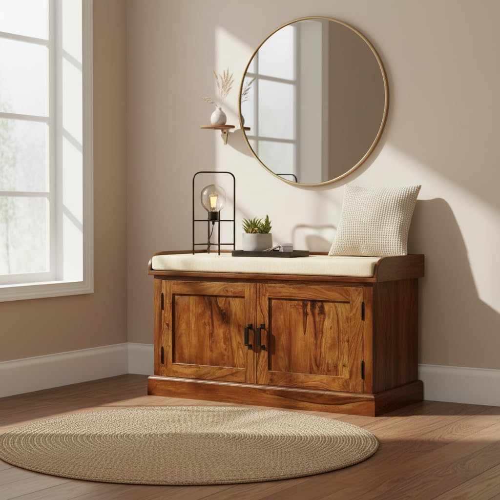 Wooden Multipurpose Cupboard & Shoe Rack – Spacious Storage Cabinet with Seating for Home, Entryway & Living Room (Large, Teak Finish) 