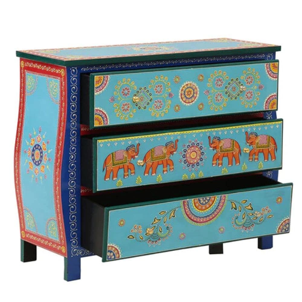 Wooden Handpainted Chest of Drawer | Wooden Antique Cabinet for Storage | Solid Wood Chest | Wooden Drawer Furniture | 3 Drawers