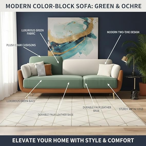 Luxelle Earthy Colourblock 3-Seater Sofa – Sage Green, Beige & Tan Fabric Couch | Gold Metal Legs | Removable Cushions | Stylish Modern Sofa for Living Room 