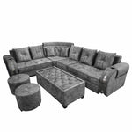 L-Shaped 6-Seater Velvet Sectional Sofa Set with Coffee Table & Ottomans 