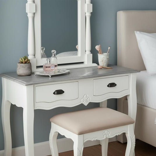 Translation missing: en.Wooden Antique Dressing Table with Stool for Living Room (White Finish) 