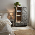 Mango Wood Wardrobe for Bedroom 2-Door Antique Wooden Almirah for Storage with 1-Drawer Storage Organizer Rack Clothes Cupboard for Bedroom 