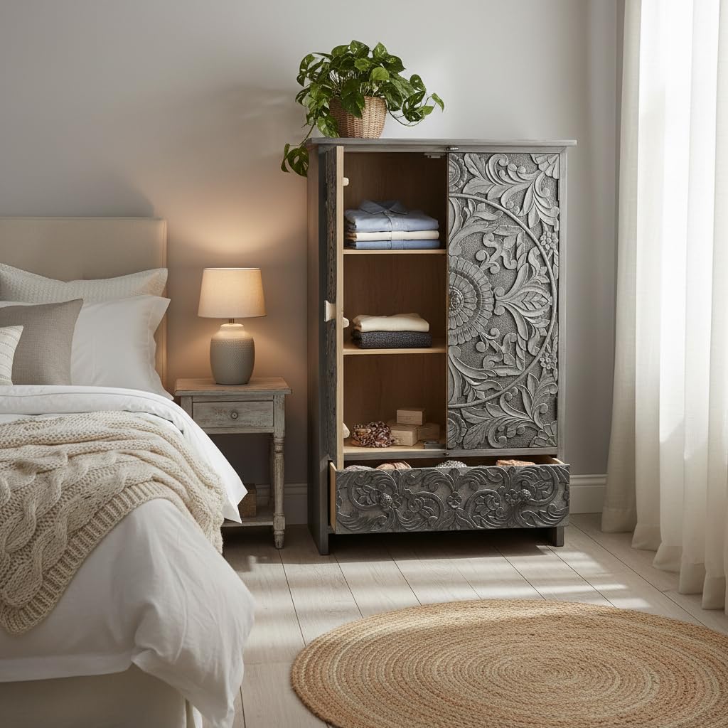 Mango Wood Wardrobe for Bedroom 2-Door Antique Wooden Almirah for Storage with 1-Drawer Storage Organizer Rack Clothes Cupboard for Bedroom 