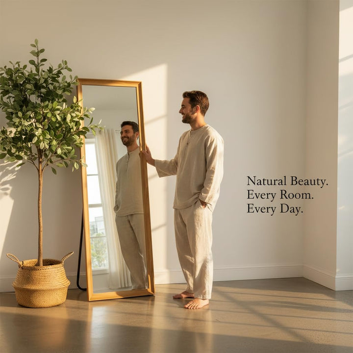 Translation missing: en.Full Length Mirror with Wooden Frame | 65×22 Inch Floor Standing Full Body Mirror | HD Large Dressing Mirror with Stand &amp; Wall Hanging Option for Bedroom, Living Room &amp; Studio 