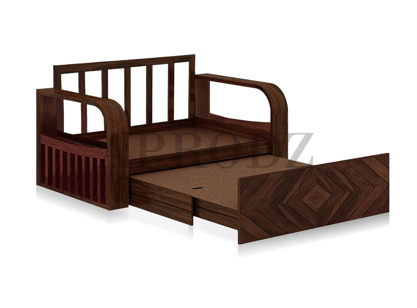 Sheesham Wood Sofa Cum Bed with Storage, 2 Seater, Teal Upholstery (75 x 51 x 30 Inch)