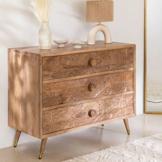 Translation missing: en.Mango Wood Rustic Floral Chest of Drawers, Brown Natural Finish, 1 Unit, 1 Cabinet, 1 Piece, 1 Item, Standard Size, 38 x 16 x 30 inches 