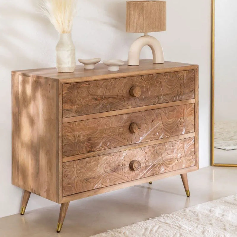 Mango Wood Rustic Floral Chest of Drawers, Brown Natural Finish, 1 Unit, 1 Cabinet, 1 Piece, 1 Item, Standard Size, 38 x 16 x 30 inches 