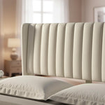 Upholstered Bed Frame with Channel Tufted Headboard, Beige + Leg Wood Black 