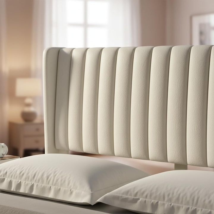 Translation missing: en.Upholstered Bed Frame with Channel Tufted Headboard, Beige + Leg Wood Black 