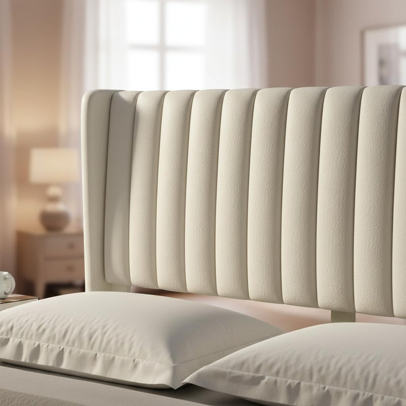 Upholstered Bed Frame with Channel Tufted Headboard, Beige + Leg Wood Black 