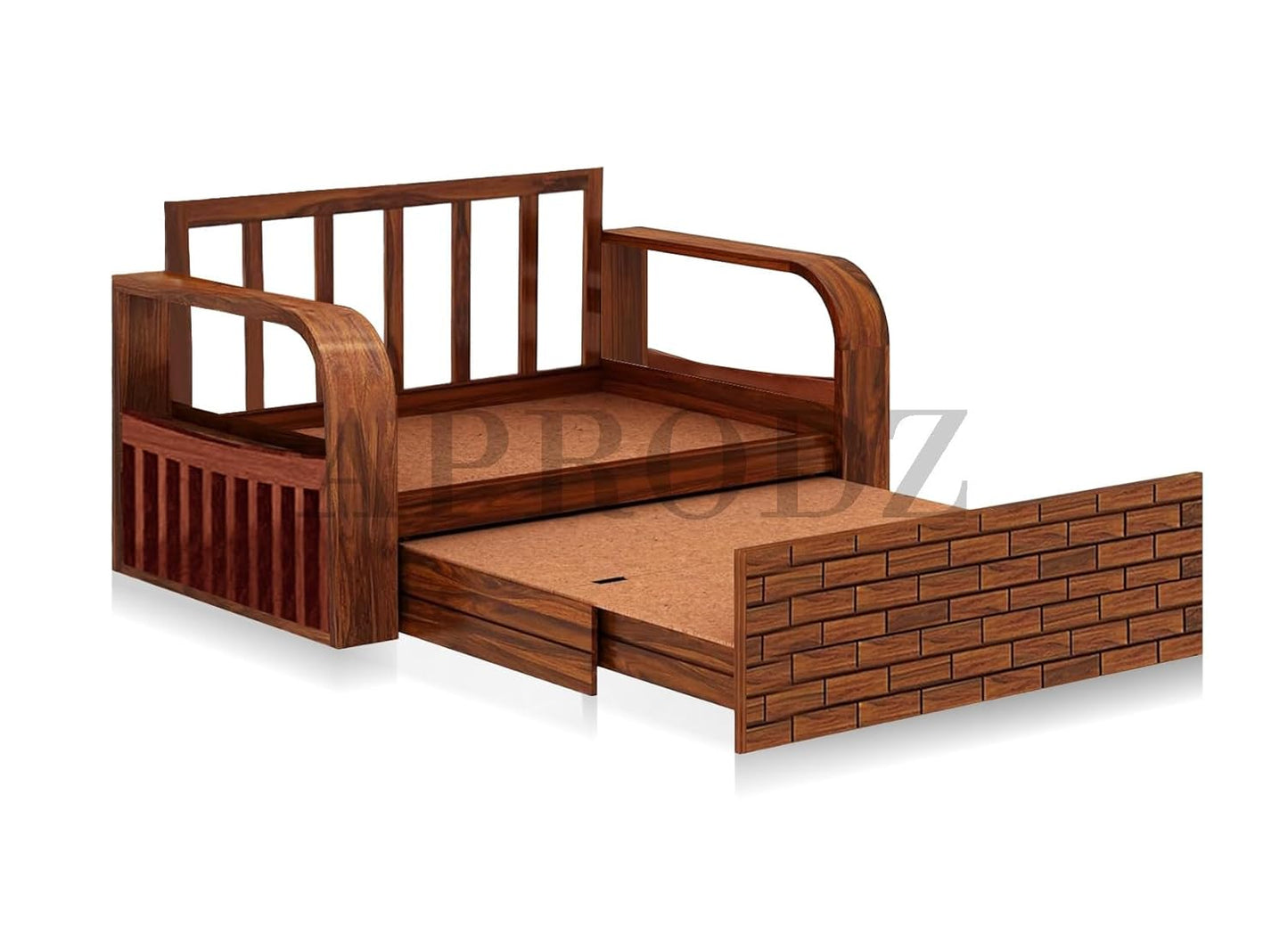 Sheesham Wood Sofa Cum Bed, 2 Seater with Turquoise Upholstery (75 x 51 x 30 Inch)