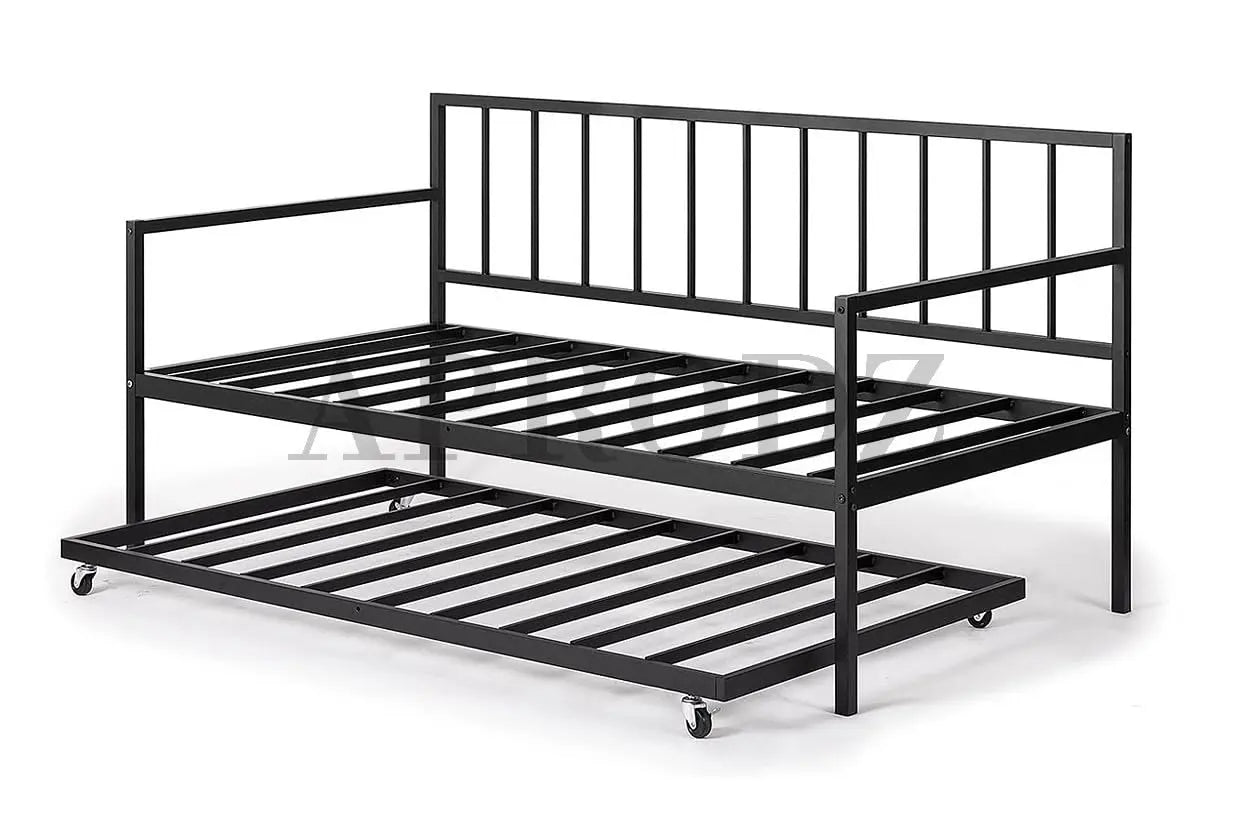 Suniz Twin Size Metal Daybed with Trundle Bed, (Foam Mattress -Metal - Black Powdercoated) 