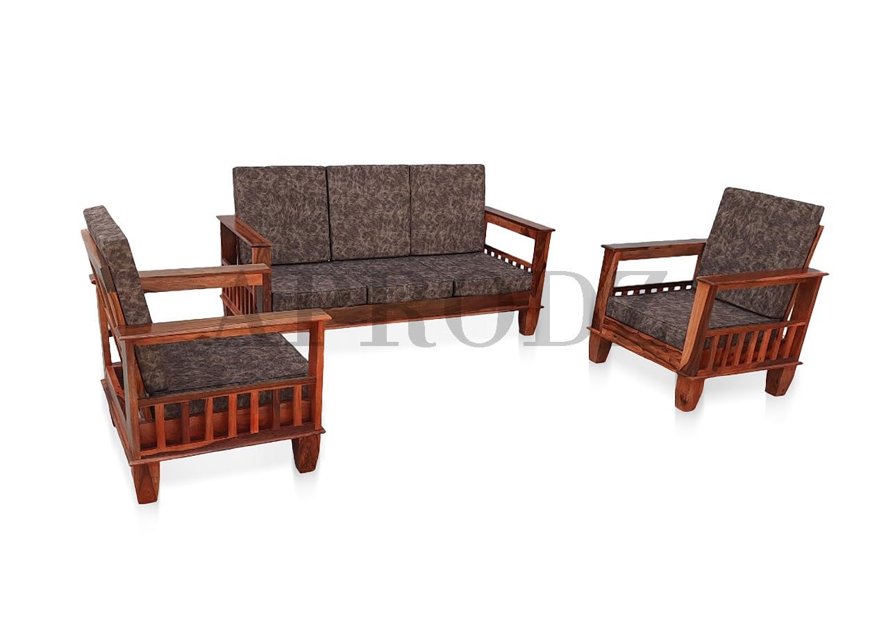 APRODZ Kitarp Sheesham Wood 5 Seater Sofa Set 3+1+1 for Living Room with Seat & Back Cushion (Suede Upholestry)