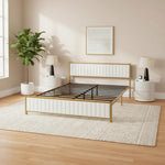 Upholstered Bed Modern Strip Headboard Footboard Platform Bed Frame with Heavy-Duty Metal Slats, No Box Spring Needed, Beige Fabric + Gold Powdercoated 