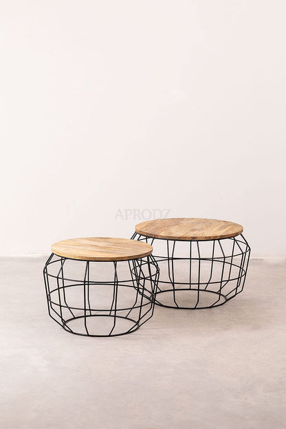 Round Solid Wood Round Top Center Coffee Teapoy Table for Living Room Furniture Portable Tea Table (Mango Wood - Natural + Black Powder Coated)