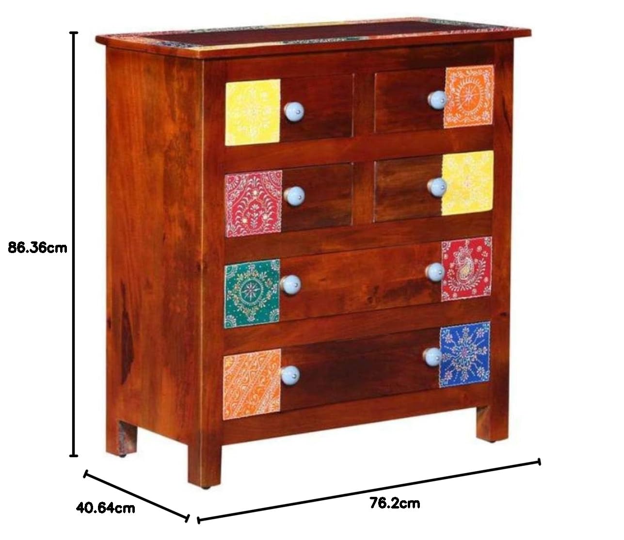 APRODZ Wooden Chest of Drawer with Painted Tiles Design | 6 Drawers | Wooden Storage Furniture | Brown Finish | Style 2