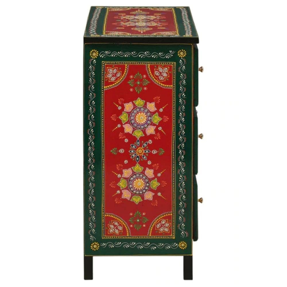 Wooden Handpainted Chest of Drawer | Wooden Antique Cabinet for Storage | Solid Wood Chest | Wooden Drawer Furniture | 3 Drawers