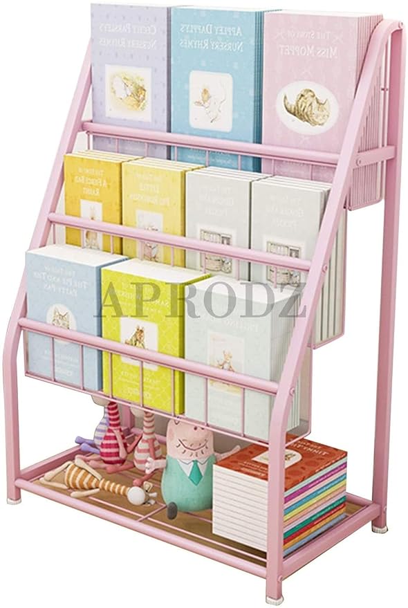 Children's Three Storey Metal Floor to Ceiling Picture Book Rack, Newspaper Rack Light Pink Powderccoated Aprodz