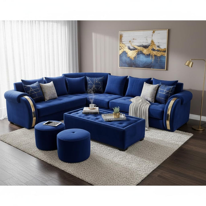 Translation missing: en.L-Shaped 6-Seater Velvet Sectional Sofa Set with Coffee Table &amp; Ottomans 