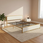 Upholstered Bed Modern Strip Headboard Footboard Platform Bed Frame with Heavy-Duty Metal Slats, No Box Spring Needed, Beige Fabric + Gold Powdercoated 