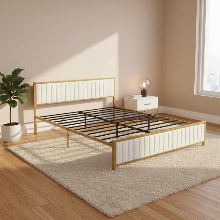 Translation missing: en.Upholstered Bed Modern Strip Headboard Footboard Platform Bed Frame with Heavy-Duty Metal Slats, No Box Spring Needed, Beige Fabric + Gold Powdercoated 