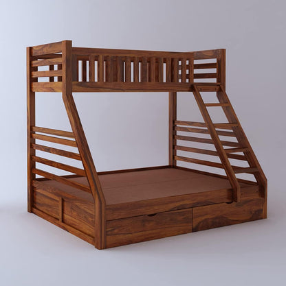 Wonderland Queen/Twin Sheesham Wood Bunk Bed – Modern Wooden Double Bed with 2 Drawer Storage for Bedroom, Kids’ Room & Guest Space (Rosewood - Teak)