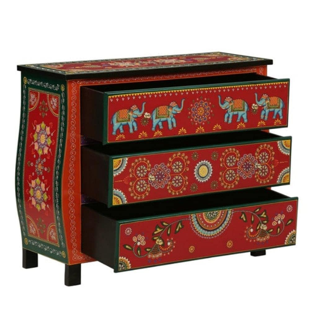 Wooden Handpainted Chest of Drawer | Wooden Antique Cabinet for Storage | Solid Wood Chest | Wooden Drawer Furniture | 3 Drawers