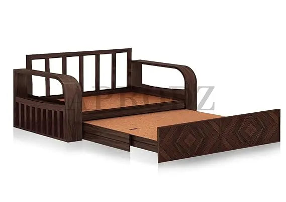 Translation missing: en.Sheesham Wood 3 Seater Sofa Cum Bed with Blue Upholstery | Diamond Pattern Design | Space-Saving Wooden Sofa Bed for Living Room  Sheesham Wood Sofa Cum Bed (3 Seater)