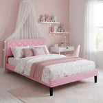 Platform Bed Frame with Velvet Upholstered Headboard and Wooden Slats Support, Mattress Foundation/No Box Spring Needed, 
 Pink Fabric + Leg Wood Black 