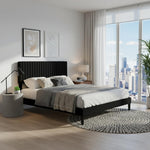 Upholstered Platform Bed with Adjustable Headboard, Leg Wood Black + Black Fabric 