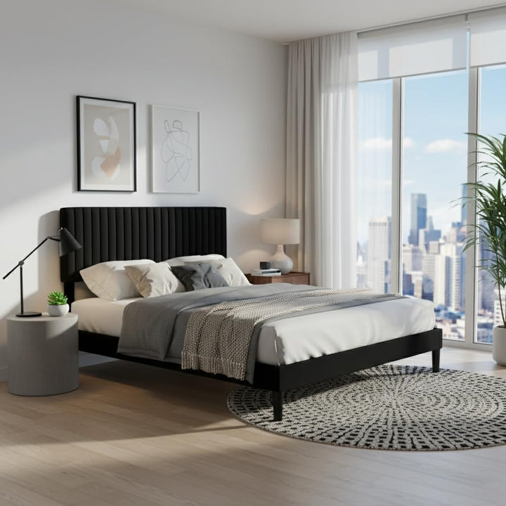 Translation missing: en.Upholstered Platform Bed with Adjustable Headboard, Leg Wood Black + Black Fabric 