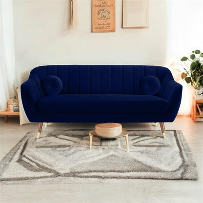 Lumina Modern Velvet Upholstered 3-Seater Sofa with Channel Tufted Backrest & Golden Metal Legs | Stylish Mid-Century Couch for Living Room & Lounge