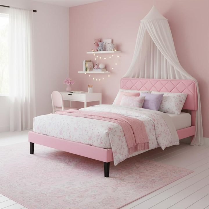 Translation missing: en.Platform Bed Frame with Velvet Upholstered Headboard and Wooden Slats Support, Mattress Foundation/No Box Spring Needed, 
 Pink Fabric + Leg Wood Black 