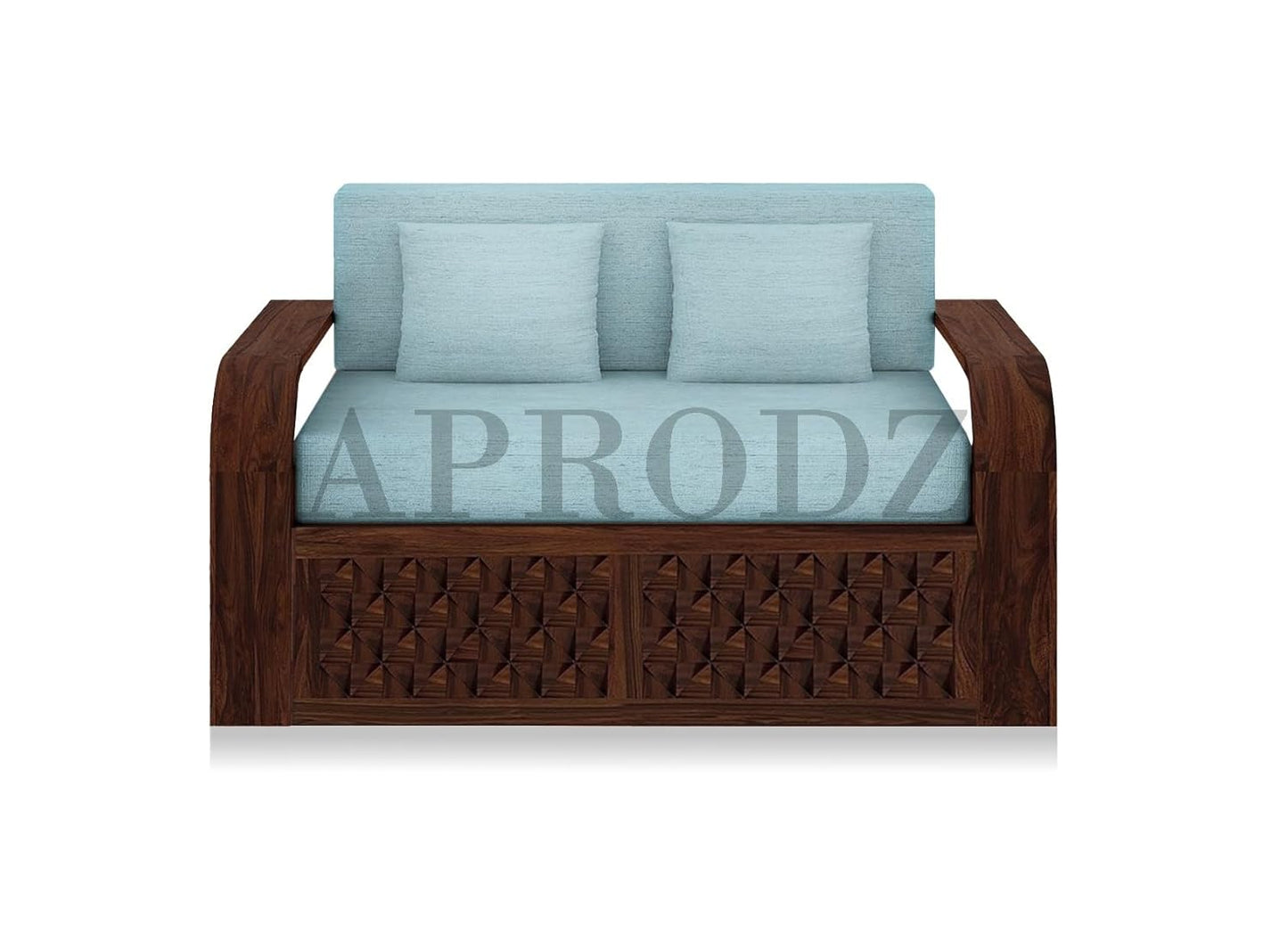 Sheesham Wood Sofa Cum Bed, 2 Seater with Storage, Geometric Design (75 x 51 x 30 Inch)