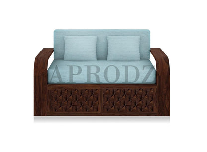 Sheesham Wood Sofa Cum Bed, 2 Seater with Storage, Geometric Design (75 x 51 x 30 Inch)