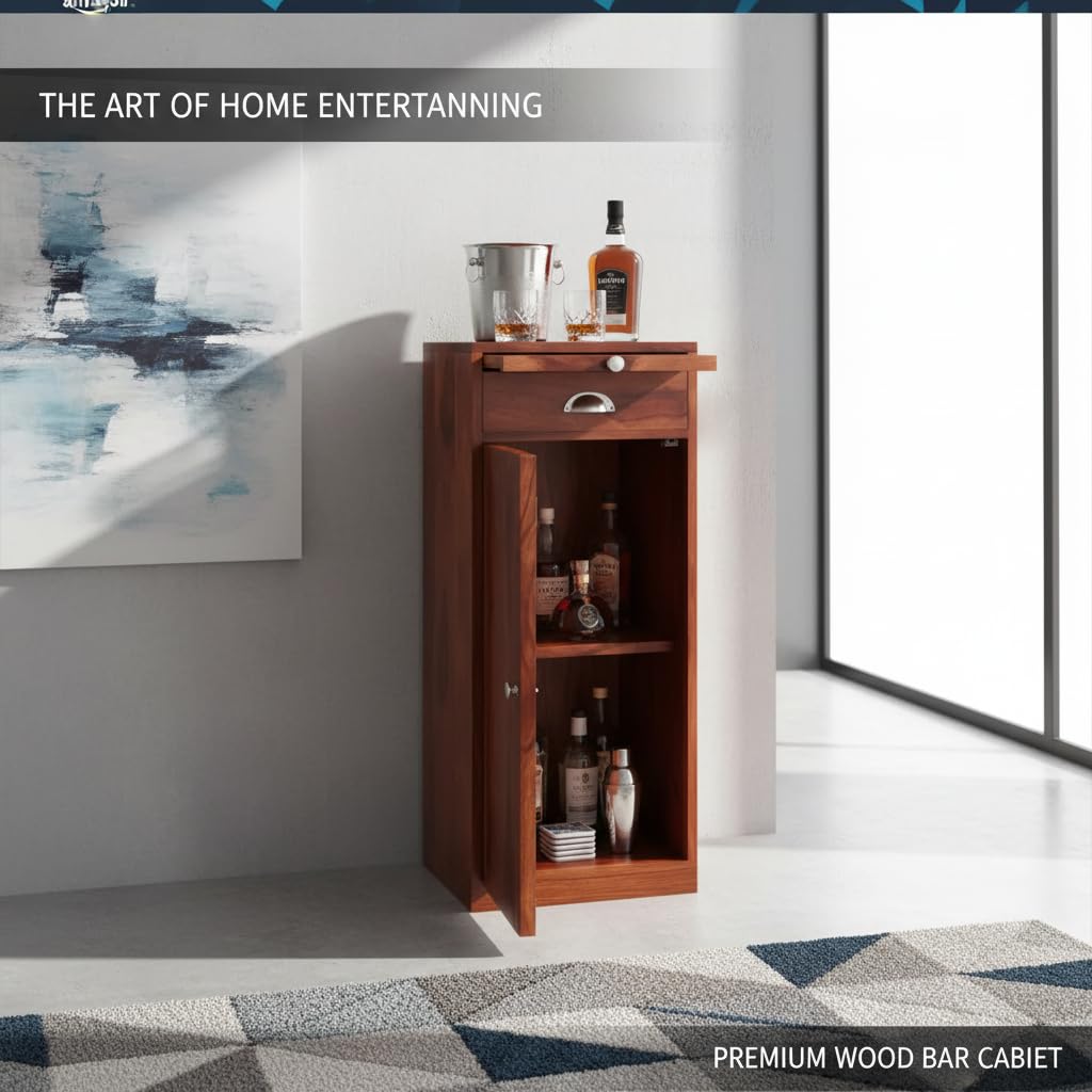 Mango Wood Peetz Royal Stylish Bar Cabinet with Wine Glass Storage for Living Room | Chestnut Finish 