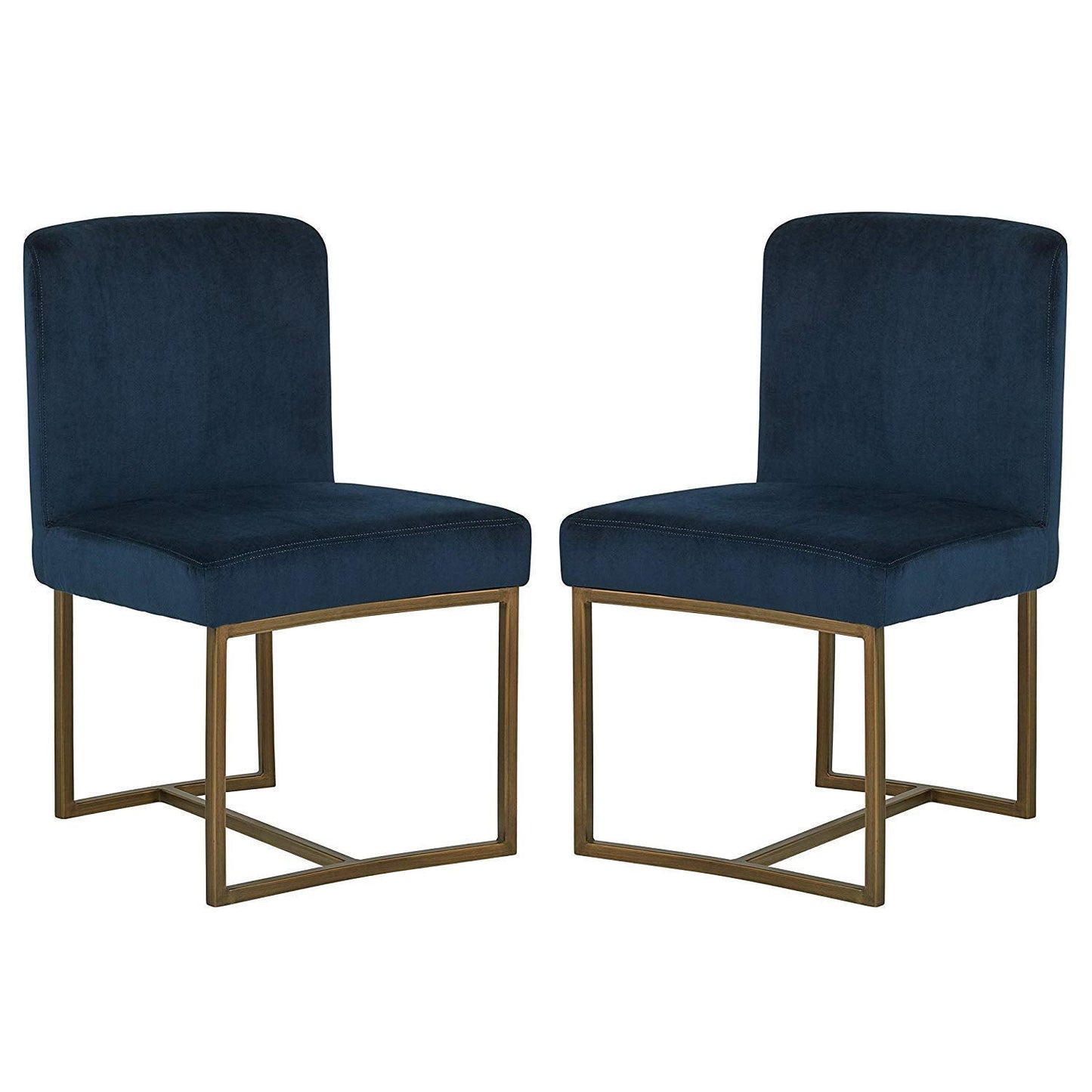 Eastern Modern Dining Room Kitchen Chairs, Velvet, 32 Inch Height, Set of 2, Blue, Bronze Metal 