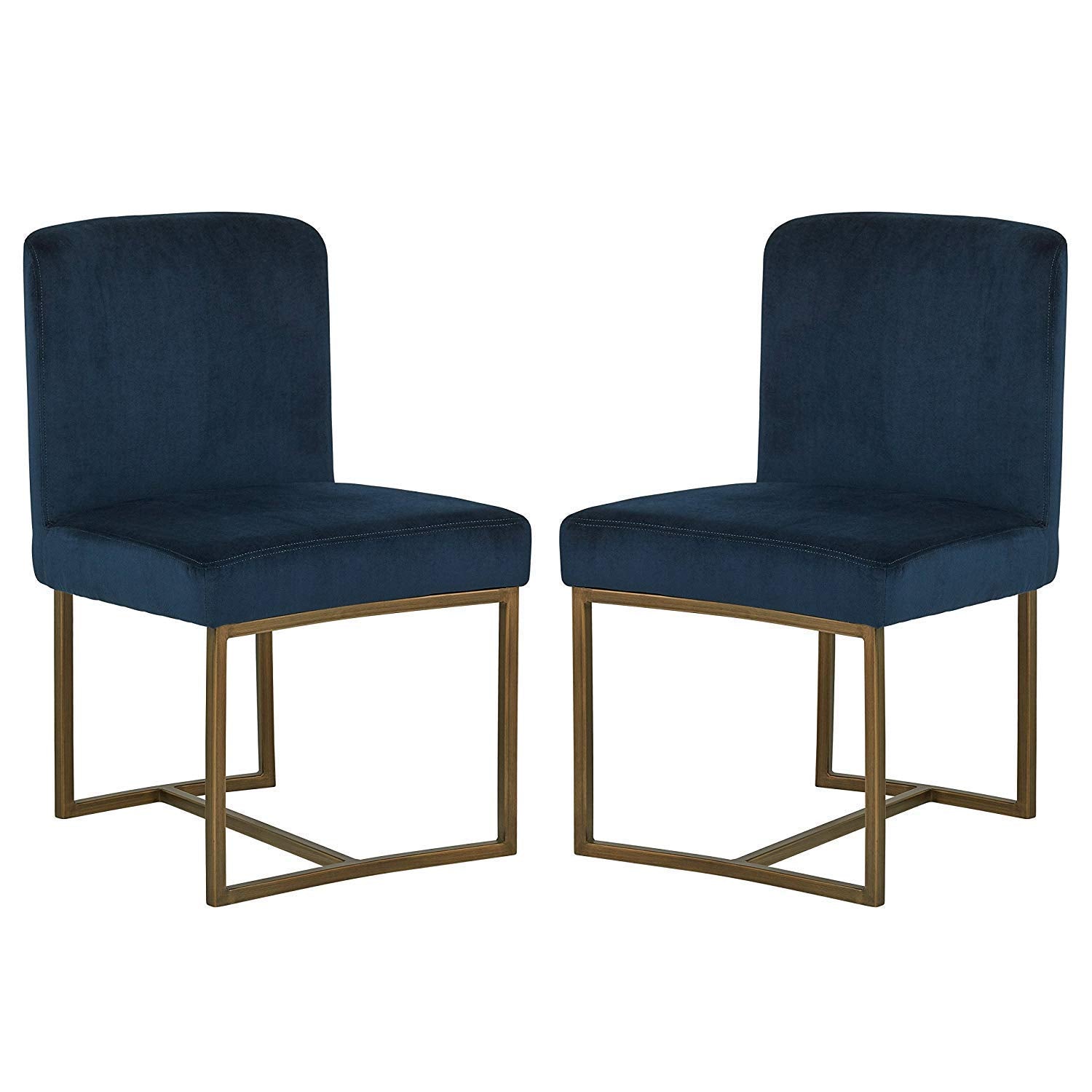 Eastern Modern Dining Room Kitchen Chairs, Velvet, 32 Inch Height, Set of 2, Blue, Bronze Metal 