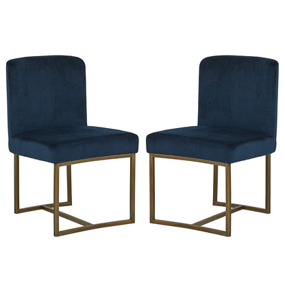 Eastern Modern Dining Room Kitchen Chairs, Velvet, 32 Inch Height, Set of 2, Blue, Bronze Metal 
