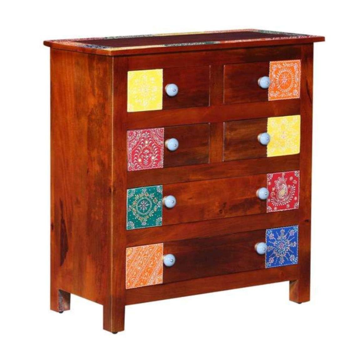 APRODZ Wooden Chest of Drawer with Painted Tiles Design | 6 Drawers | Wooden Storage Furniture | Brown Finish | Style 2