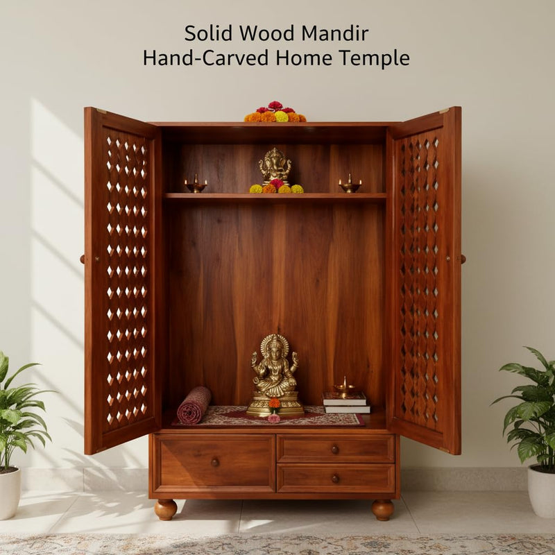 Handcrafted Sheesham Wood Temple with Storage for Pooja Room | Temple for Home | Pooja Mandir 
