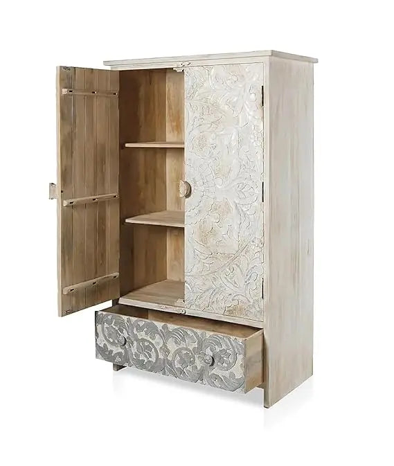 Mango Wood Wardrobe 2-Door 1-Drawer Wardrobe Almirah (Solid Wood - White + Silver) 