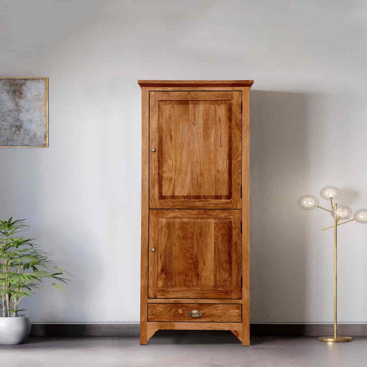 Mango Wood Wardrobe – Solid Wood 2-Door Almirah with Shelves & Hanging Rod for Bedroom Storage – Natural Finish Wooden Wardrobe Closet