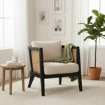 Mid Century Modern Solid Wood Accent Chair with Cane Back & Cushion 