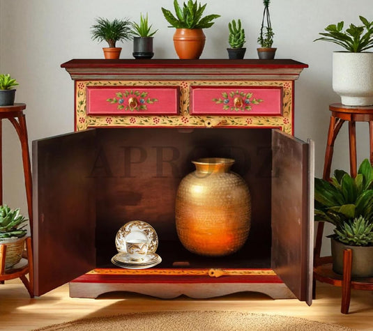 Translation missing: en.Wooden Handpainted Storage Cabinet with Door and Drawer Storage (Multicolor) 