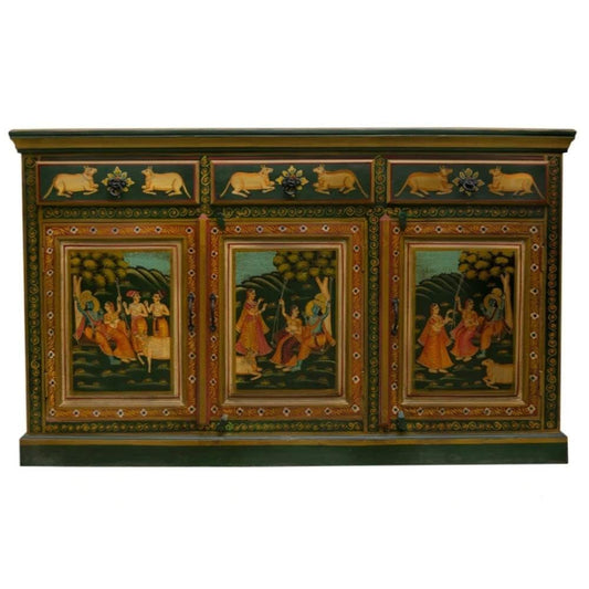 APRODZ Wooden Handpainted Cabinet | Cabinet for Storage Wooden Furniture | Radha Krishna Sideboard | Bedroom | Mango Wood..